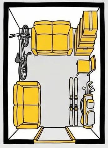 Trastero Estándar Box King de 2,5 m²: bici, sofá 2 plazas, cajas, silla y esquís