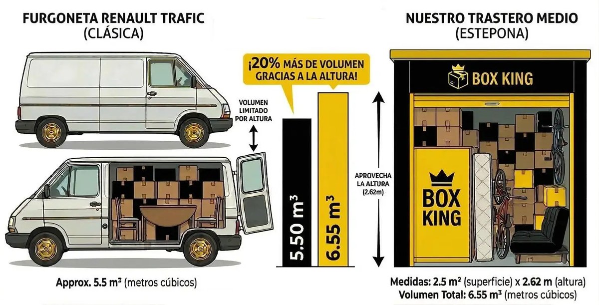 Comparación de volumen: furgoneta Renault Trafic ~5,5 m³ frente al trastero medio Box King de 6,55 m³ en Estepona, gracias a la altura de 2,62 m